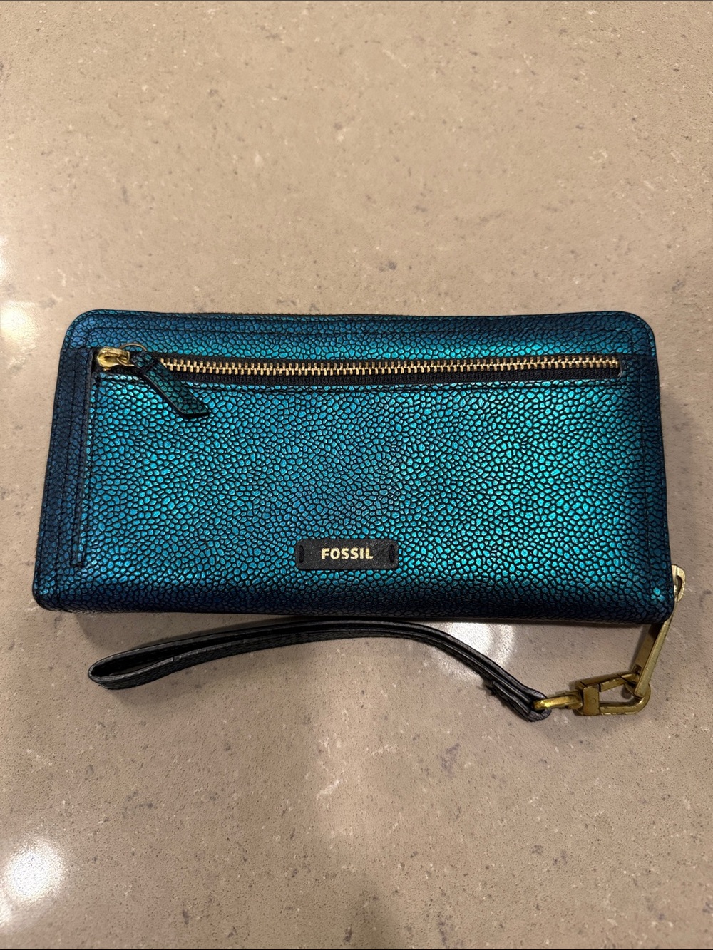 Fossil Teal Iridescent Zip Around Wallet with Wristlet